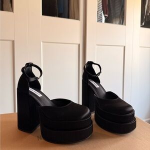 Steve Madden Charlize Black Satin Platform Heels with Ankle Strap